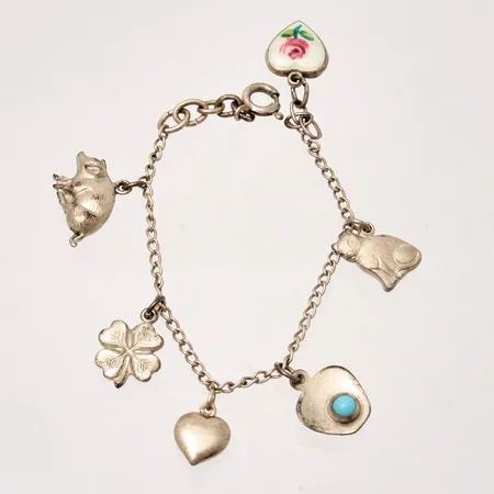  Armband i silver, 14cm, Pansar, bredd 1,9mm, 6st berlocker, 830/1000, vikt 6,18g.