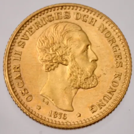 Guldmynt, Sverige 10 Kronor 1876, Oscar II, 900/1000 (21,6K), Ø18 mm, vikt 4,45g.