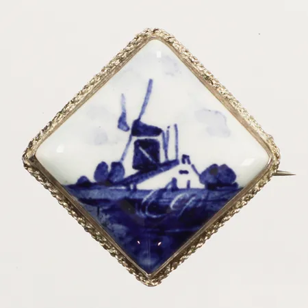 Brosch med porslin, längd 33mm, bredd 33mm, silver Vikt: 5,4 g