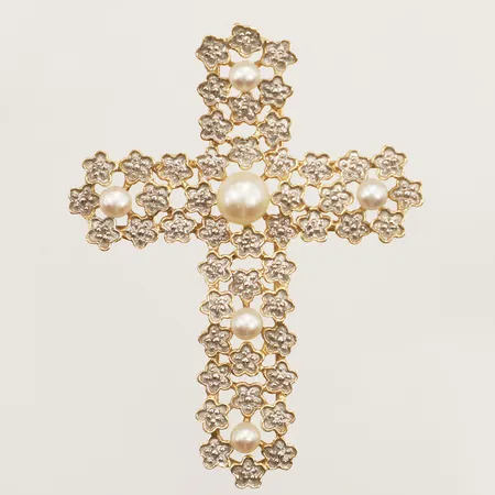 Hänge kors med pärlor, längd 55,5mm, bredd 42mm, tvåfärgat, 14K  Vikt: 8,6 g