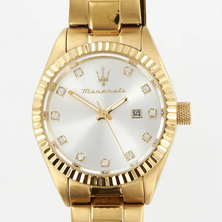 Damur Maserati, Ø31mm, quartz, datumfönster, stenar i index, gulmetall, länkens innermått 17,5cm, bredd: 14mm, manual, etui