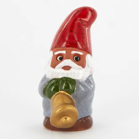 Figurin, Rolf Berg, tomte med bjällra, 8cm, Torshälla, Sweden, etikettmärkt
