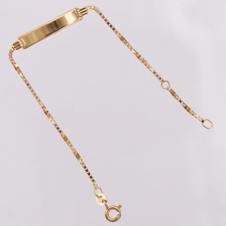 Barnarmband, Venezia, ograverad namnbricka, längd 14,2/16,5cm, bredd 1,2-5mm, Guldfynd, repor, 18K Vikt: 3 g