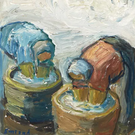 Tavla olja på pannå "tvätterskor" signerad Einar Emland, rammått 30x33,5cm Vikt: 0 g