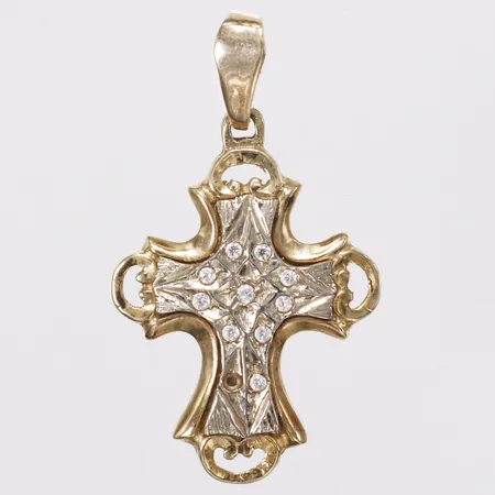 Hänge, kors, vita stenar, längd 35mm inkl ögla, bredd 21mm, tvåfärgad, 14K Vikt: 4,9 g