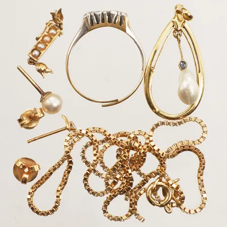 Diverse guld, defekt, skevt, stenar 18K Vikt: 9,2 g