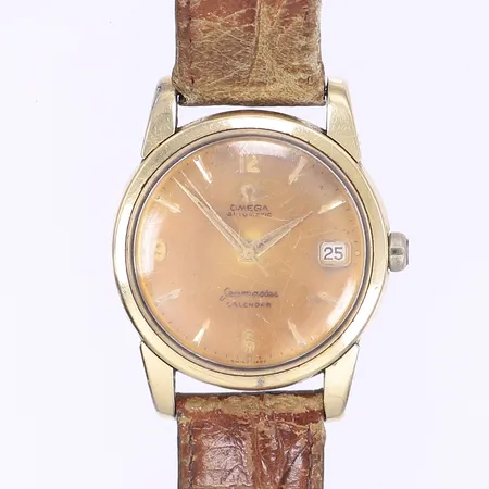 Herrur Omega Seamaster Calendar automat, Ø34mm, skadad/tropisk urtavla, skadat läderband, gravyr