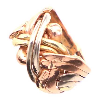 Pusselring ihoplödd , 3-färgad Ø19mm bredd 7,70-13,50mm, något ojämn i skenan, 14k  Vikt: 11,6 g