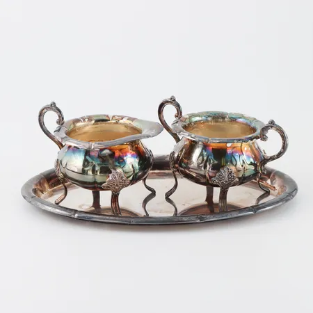 Socker och grädde David Andersen Norge + bricka längd ca 22 cm,Norska stämplar,silver. Vikt: 299,8 g