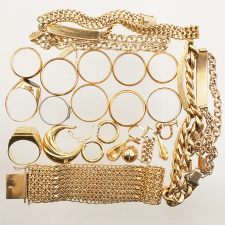 Diverse guld, sten, pärlor, gravyr, skadat, defekt, 18K Vikt: 179,6 g