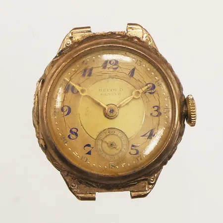 Damur Record, boett i 14K, manuell, 23mm, boettnr 71519, skadad urtavla och plexiglas, defekt, bucklor, bruttovikt 9,6g 