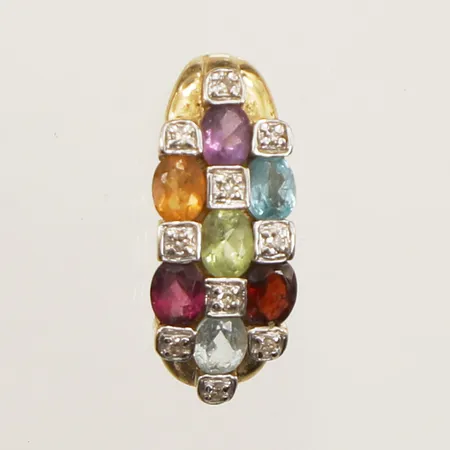 Hänge med ametist, citrin, blå topas, peridot, rhodolit och granat och diamanter 9x ca 0,005ct 8/8-slipade, längd 20mm, bredd 8,5mm, GHA, 18K  Vikt: 2,3 g