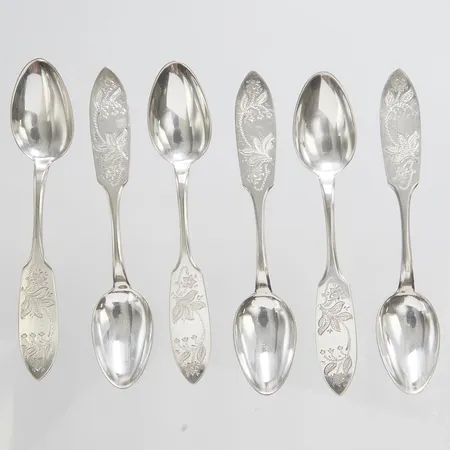 Sex Kaffeskedar, längd ca 12cm, Boliden silver, 830/1000 silver Vikt: 84,4 g