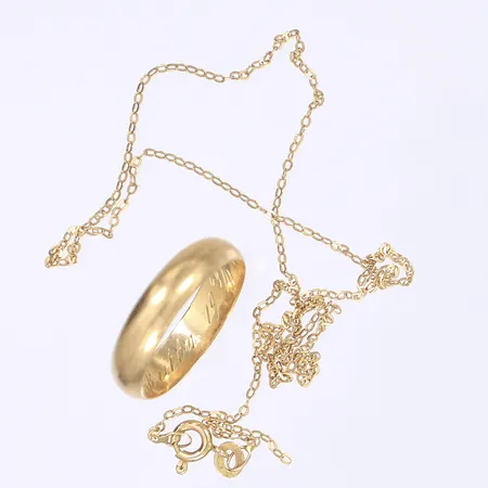 Diverse guld, ring och kedja, defekt/gravyr, 18K Vikt: 6,8 g