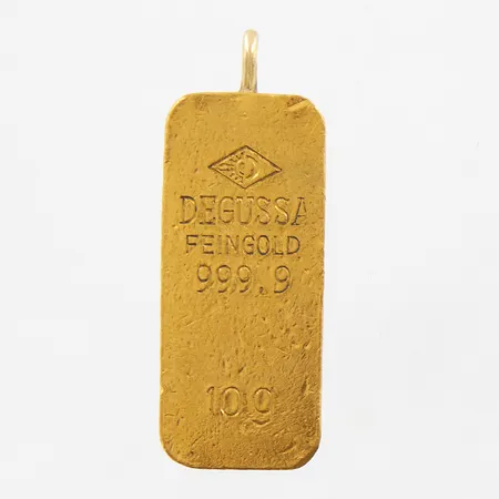 Hänge guldtacka, Degussa Feingold, 13x30mm, repig, 24K Vikt: 10 g