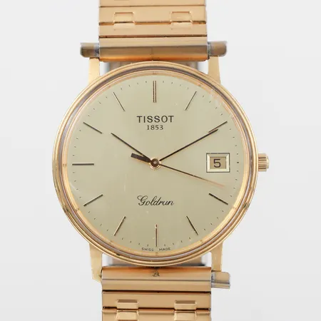 Herrur Tissot Goldrun 18K Ø33,5mm quartz (går ej, troligen batteribyte), datum, gravyr (företag).