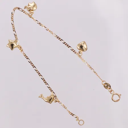 Barnarmband, Figaro, fyra berlocker, längd 15,3cm, bredd 1,1mm, Guldfynd, 18K Vikt: 1,2 g