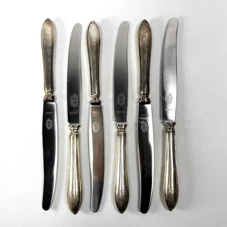 6 Matknivar 26cm, blad i stål, gipsfyllda handtag, silver 830/1000, Bruttovikt: 387g Vikt: 387 g