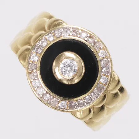 Ring, vita stenar,  svart emajl, stl 17¾, bredd 6-14mm, skev, 18K Vikt: 9 g