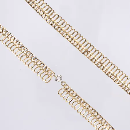 Halscollier, 43,5cm, bredd 12mm, lås ej i guld, skeva länkdelar, 14K Vikt: 21,1 g