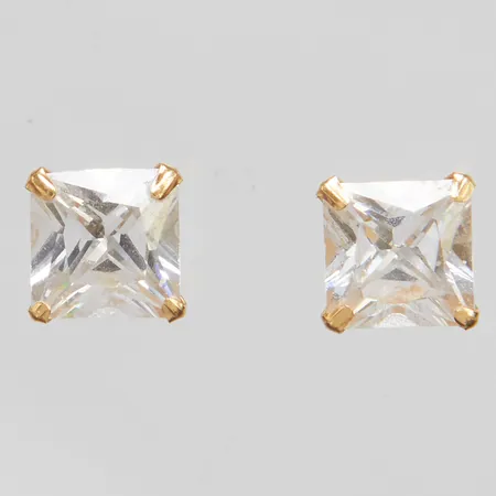 Ett par örhängen, stenar, ca 6x6mm, saknar snurrebussar, 18K, bruttovikt 1,0g.