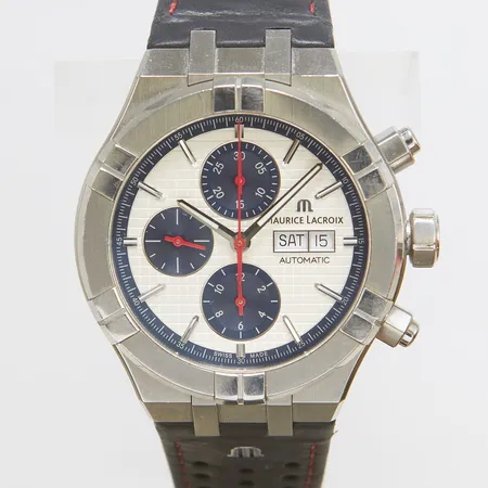 Herrur Maurice Lacroix Aikon Chrono, stål, automatisk, 44mm, refnr AI6038-SS001-133-1, cal. ML112, safirglas, kronograf, datum, dag, läderband, viklås, bruksslitage, repor, inga tillbehör. 