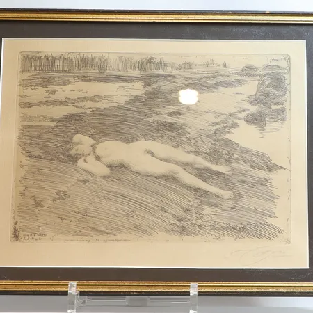 Tavla Etsning Anders Zorn, daterad 1916 "På sanden" motivmått  ca 17,8x24,8 cm i ram med slitage, signerad i blyerts, med Etikett på baksidan från Bukowskis  Skickas med postpaket.