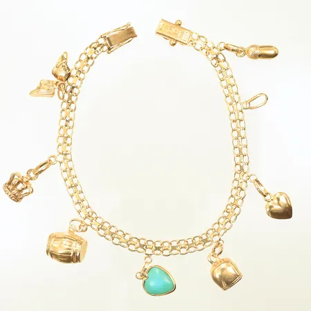 Armband x-länk med berlocker, 19cm, bredd 5-25mm, ÄSA (Ädelsmycken Aktiebolag, Stockholm) en ögla saknar berlock, ojämna länkar, 18K Vikt: 13,5 g