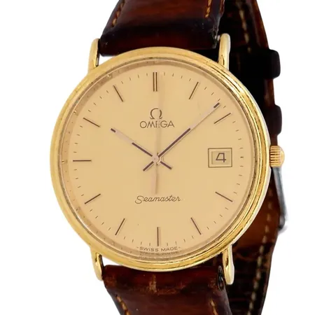 Herrur Omega Seamaster, 18K guld, Ø32,5 mm, quartz - behov av nytt batteri, datum, bruksmärken, skinnband med slitage, Vikt: 0 g