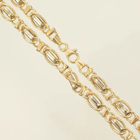 Collier, 56cm, bredd 7mm, ihålig, ojämna länkar, 14K Vikt: 15,2 g