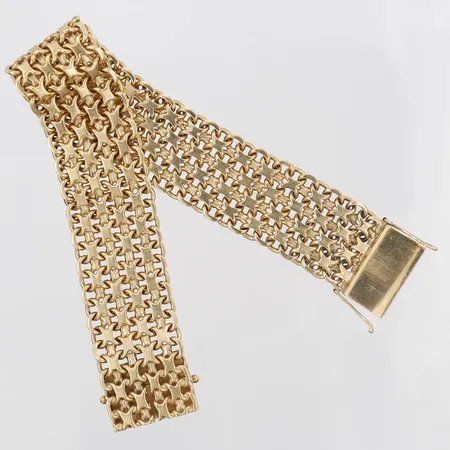 Armband, X-länk, 4-radigt, Bröderna Hedens guldateljé, längd: 19 cm, bredd: 20 mm, 18K guld. Vikt: 56,4 g