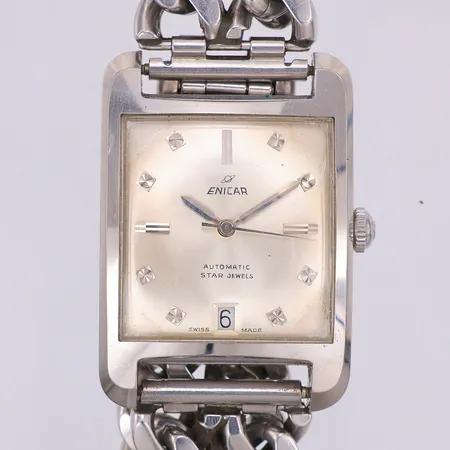 Herrur Enicar, stål, automat, 31 x 33mm, referensnr 124001, någon repa på glaset, dubbelpansar länkarmband, ca 20cm