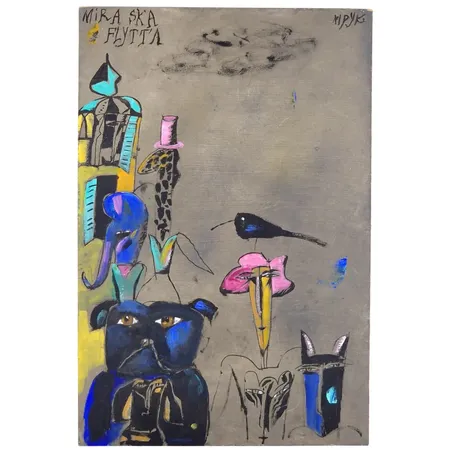 Tavla - Madeleine Pyk, olja på pannå, betitlad på framsidan "MIRA SKA FLYTTA" motiv med bl.a. en svart hund, (samma hund förekommer i tavlan som säljs på nästa rop nr A30755), signerad, mått 42 x 28 cm, ej ramad, skick utan anmärkning