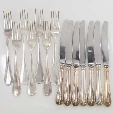 Bestickuppsättning, modell: Svensk Rund med 7 Bordsgafflar, 18cm, 7 Bordsknivar med blad i rostfritt stål, 20,7cm, 830/1000 silver, bruttovikt: 703,3g.
