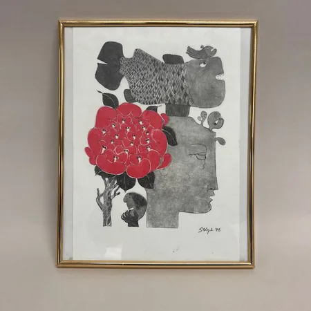 Färglitografi, Månfisken, Stig Lindberg, bildmått ca 29,5x21cm, signerad, daterad 76, märken på blad, ej examinerad ur ram Skickas med postpaket.