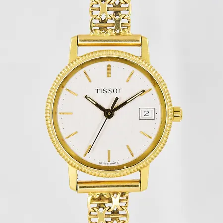 Damur Tissot, Ø 24mm, 18K, datum, quartz, graverad boett, står still, armband X-länk 18cm inklusive uret, bredd 8,2mm, läderband Tissot medföljer, 18K