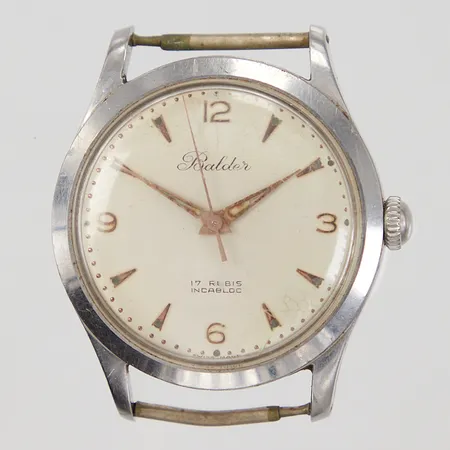 Armbandsur, Ø34,5mm, manuell, rost på visare, delar utan lumen, indexpunkt lossnat, repor, saknar band, bruksskick, 