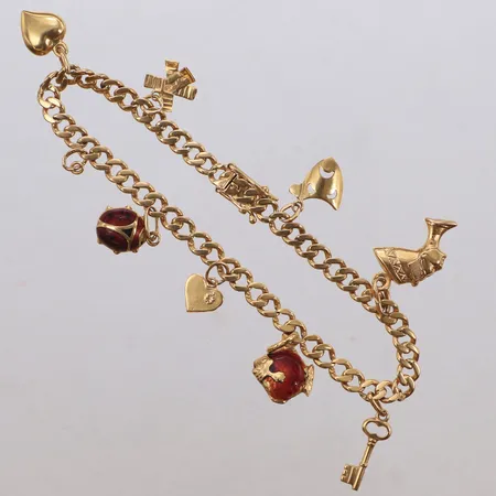 Armband, 18,5cm, bredd 5mm, Pansar med 8st berlocker, en ögla saknar berlock, 18K Vikt: 13,6 g