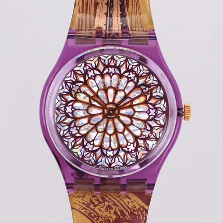 Armbandsur Swatch, plast, quartz, s.k Gent Quasimodo, ref-nummer GV108, serie-nummer 8213, certifikat 13/10-94, etui, går ej, nyskick