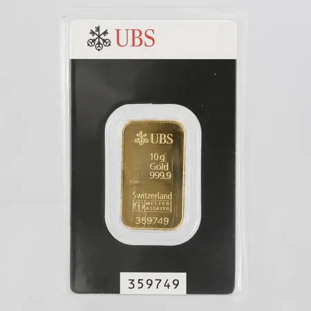 Guldtacka UBS, ca 31x20mm, serienr 359749, bruten plombering, 24K  Vikt: 10 g