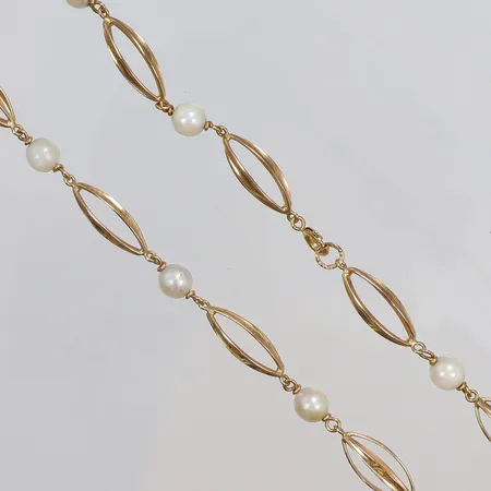 Halscollier med pärlor, längd ca 44,5cm, bredd 6mm, 18K, bruttovikt 14g Vikt: 14 g
