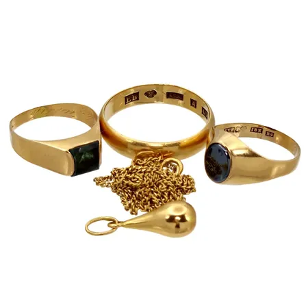 Diverse smycken, 18K guld - bruttovikt 8,1g, 20K guld - vikt 5,2g, defekter, gravyrer