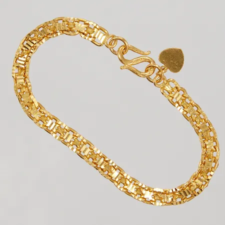 Armband X-länk med mönsterdekor, 17cm, bredd 5,5mm, skadad länk, s-lås, berlock hjärta, 24K 999,9 Vikt: 17,2 g