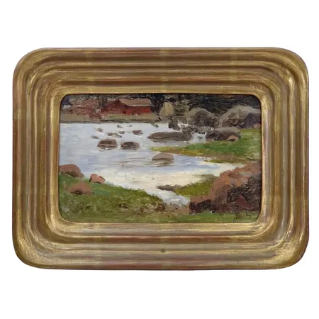 Tavla, olja på pannå, "Kustlandskap med bebyggelse", signerad BL, möjligen oljeskiss av Bernt Lindholm (1841-1914, Finland/Sverige), a tergo bl.a. med äldre notering Nr 31 B. Lindholm, bildmått 8,5 x 14 cm, äldre förgylld ram 14,5 x 19,5 cm, skick utan anmärkning