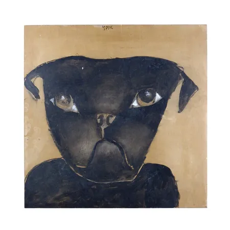 Tavla - Madeleine Pyk, olja på pannå, "svart hund", signerad, mått 41,5 x 41,5 cm, ej ramad, lätt ytslitage Vikt: 0 g