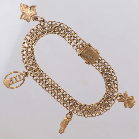 Armband X-länk med 4 berlocker, 18,5cm, bredd 9mm, Stockholms Ädelsmide Solna, år 1962, 18K Vikt: 18,2 g