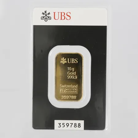 Guldtacka UBS, ca 31x20mm, serienr 359788, plomberad, 24K  Vikt: 10 g