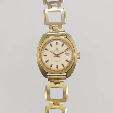 Damur Certina DS-2, 27mm, automatisk, cal17-211, boettnr: 1906300, srn: 7255025, datum, klockarmband i sliten gulmetall, längd inklusive uret: 17,5cm, servicebehov, inga tillbehör