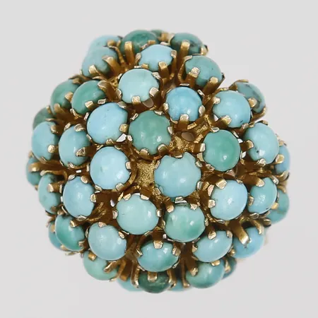 Ring med turkosa stenar, stl 16¾, bredd 3-20mm, stenar med slitage, 14K guld. Vikt: 8,5 g