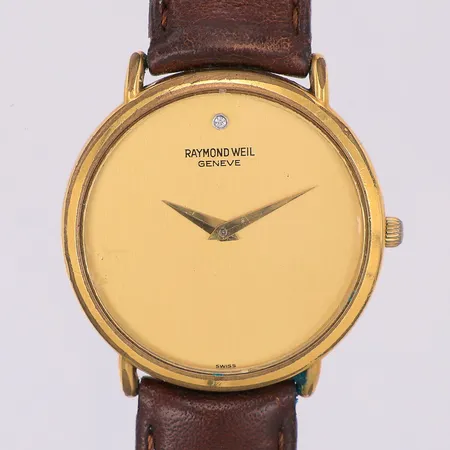 Herrur, Raymond Weil, electroplated 18K doublé, quartz, Ø31mm, referensnr 5508-2, stål, repor i kanten på glaset, buckla på baksidan, står still, läderband